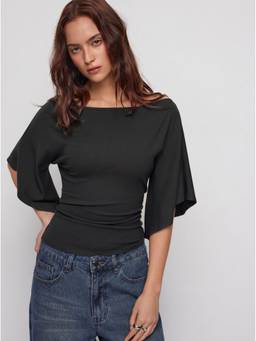 Cider - Boat Neck Women Ruched Bell Sleeve Top Black