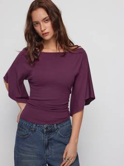 Cider - Ruched Women's Boat Neck Bell Sleeve Top Purple