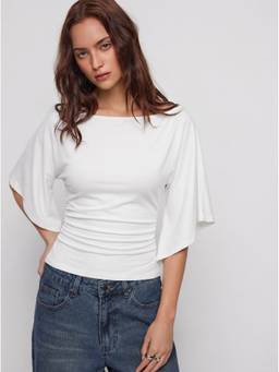 Cider - Boat Neck Women Ruched Bell Sleeve Top White