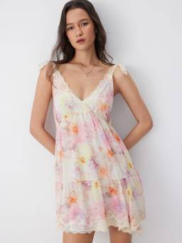 Cider - Chiffon Floral Women's Lace Trim V-Neck A-Line Mini Dress Pink