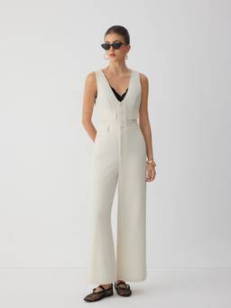 Cider - V-Neck Women's Button Front High Rise Straight Leg Jumpsuit Beige