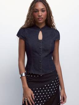 Cider - Washed Denim Women's Ruched Cut-Out Stand Collar Blouse Indigo