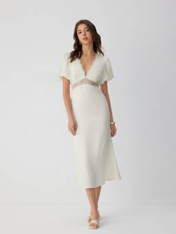 Cider - Satin Lace Panel Women's V-Neck Puff Sleeve Maxi Dress Beige