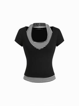 Cider - Striped Women Halter Neck & V-Neck Combo Top Black