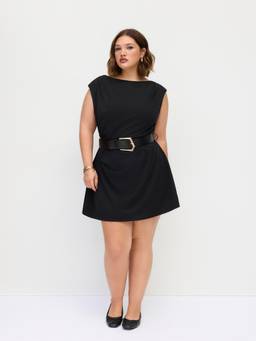Cider - Curve & Plus Women's Ruched Belted A-Line Mini Dress Black