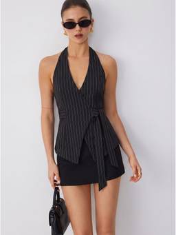 Cider - Striped Women's Halter Neck Twist Knot Longline Blazer Vest Black