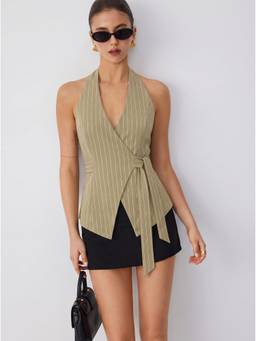 Cider - Striped Women's Halter Neck Twist Knot Longline Blazer Vest Green
