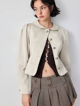 Cider - Peter Pan Collar Women Puff Sleeve Button Jacket Cream