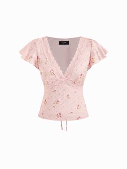 Cider - Satin Floral Women Lace Trim V-Neck Blouse Pink