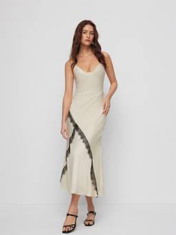 Cider - Satin Women's Cowl Neck Lace Panel Mermaid Maxi Dress Cream
