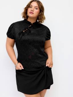 Cider - Lace Floral Women Tie-Up High Neck Puff Sleeve Top Black
