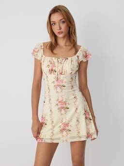 Cider - Chiffon Floral Women's Square Neck Ruffle Sleeve A-Line Mini Dress Pink