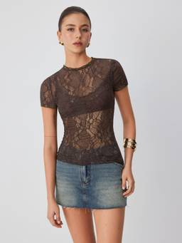 Cider - Sheer Lace Women's Lettuce Trim Short Sleeve Tee Brown