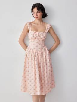 Cider - Textured Women's Floral Sweetheart Lace-Up Flared Midi Dress Pink