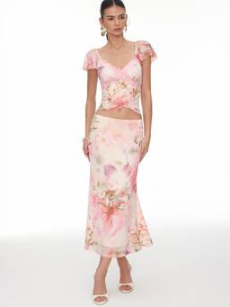 Cider - Floral Lace Trim Women's V-Neck Maxi Skirt Set Pink