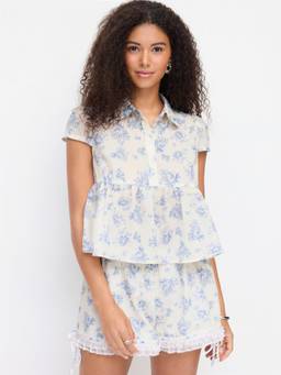 Cider - Cotton-Blend Women Floral Peplum Oversized Blouse Beige