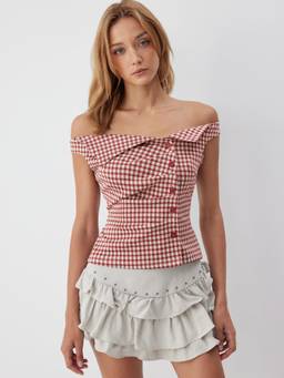 Cider - Jacquard Gingham Women Off-Shoulder Ruched Blouse Red