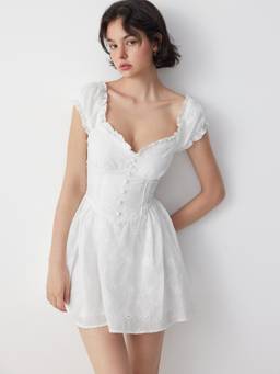 Cider - Sweetheart Women's Broderie Anglaise Ruffled Flared Mini Dress White
