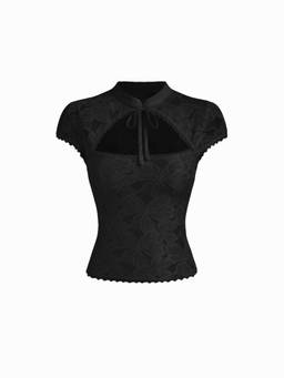 Cider - Floral Lace Women Cut-Out Tie-Up Neck Top Black