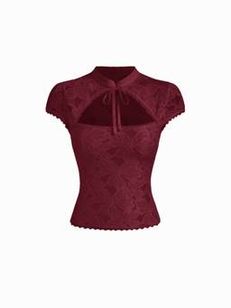 Cider - Floral Lace Women Cut-Out Tie-Up Neck Top Burgundy