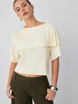Cider - Asymmetrical Draped Women’s Boat Neck Short Sleeve Top Beige