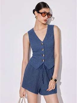 Cider - Textured Women V-Neck Metal Detail Short Co-ord Set Blue
