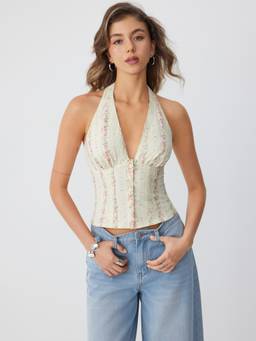 Cider - Cotton Floral Women's Lace Trim Halter Neck Blouse Cream
