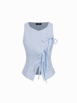 Cider - Linen Blend Women Sweetheart Asymmetrical Tie-Up Vest Top Blue