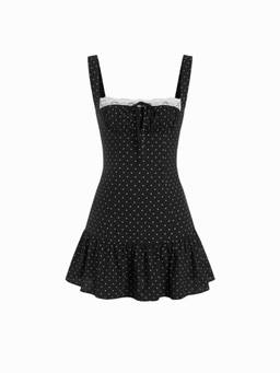 Cider - Cotton Floral Women Square Neck Lace-Up Ruffle Hem Mini Dress Black