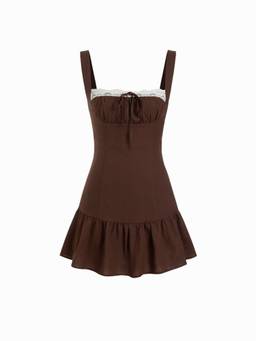 Cider - Cotton Floral Women's Square Neck Lace-Up A-Line Mini Dress Brown