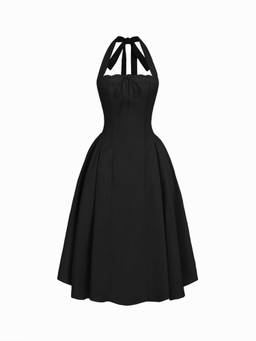 Cider - Satin Women's Halter Neck Bow Lace Trim Midi Dress Black