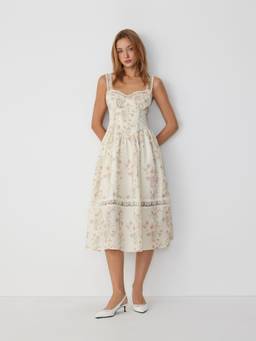 Cider - Floral Sweetheart Lace Trim Women's Midi Dress Pink