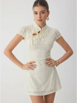 Cider - Lace Mandarin Women's Bow Tie Cutout Floral Mini Dress Cream