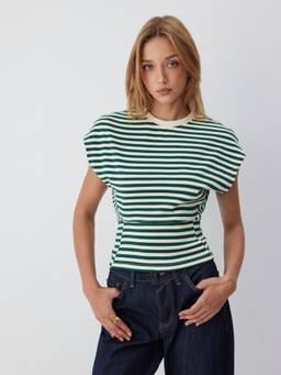 Cider - Striped Seam Detail Women's Crew Neck T-Shirt Green