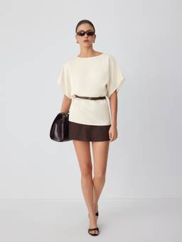 Cider - Satin Boat Neck Women's Batwing Sleeve Oversized Blouse Beige