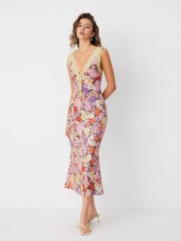 Cider - Women's Floral V-Neck Lace Trim Tie-Up Maxi Dress Multi-Color