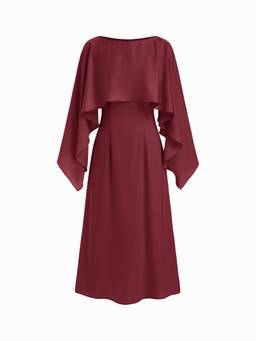 Cider - Satin Women's Boat Neck Cloak Sleeve Flared Maxi Dress Wine