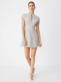 Cider - Mandarin Collar Women's Striped Tie-Up Mini Dress Coffee