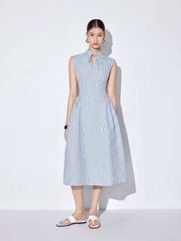 Cider - Cotton Blend Women's Gingham Tie-Up Neck Shirt Midi Dress Blue