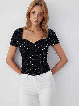 Cider - Cotton Blend Women Ruched V-Neck Top Black