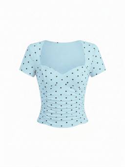 Cider - Cotton Blend Women Polka Dot Ruched V-Neck Top Light Blue