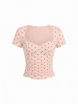 Cider - Cotton Blend Women Polka Dot Ruched V-Neck Top Pink