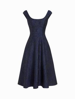 Cider - Jacquard Floral Women’s Square Neck Flared Midi Dress Navy Blue