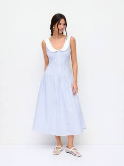 Cider - Linen Blend Women’s Striped U-Neck Lace-Up Back Maxi Dress Blue