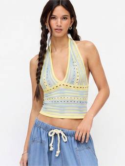 Cider - Knit Striped Women’s Halter Neck Cut Out Crop Top Blue