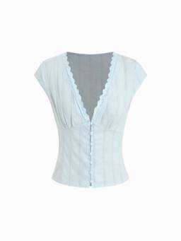 Cider - Textured Women's V-Neck Lace Trim Pearl Button Blouse Blue