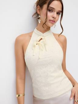 Cider - Jacquard Floral Lace Women's Halter Neck Bow Tank Top Cream
