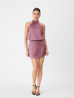 Cider - Satin Women's Halter Neck Backless Mini Dress Purple