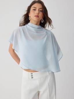 Cider - Chiffon Women's Asymmetrical Stand Collar Blouse Sky Blue
