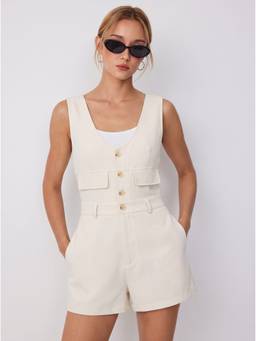 Cider - V-Neck Women's Button Front Flap Detail Playsuit Beige